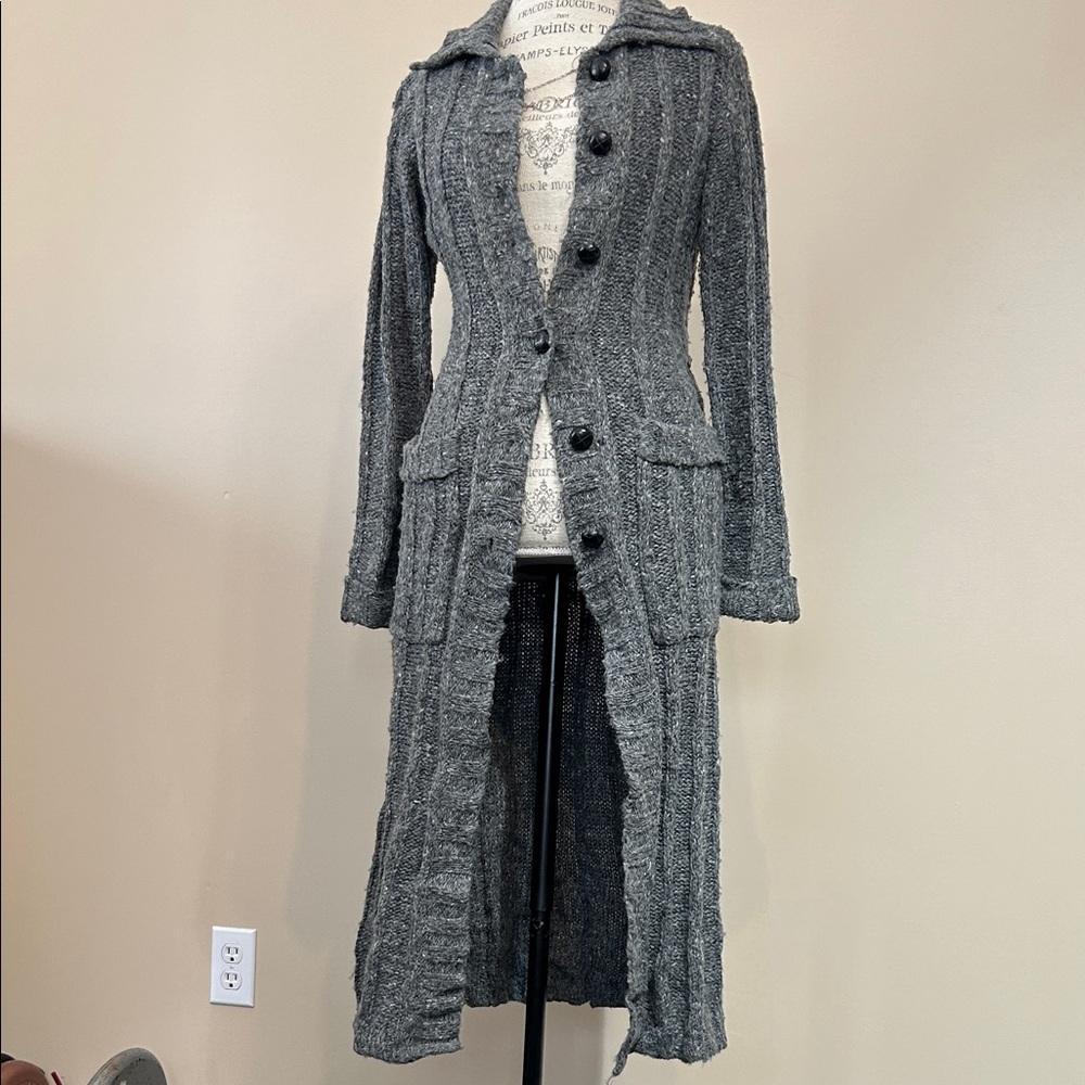 Long Buttoned Front Cardigan, Knit, Belted, Grey (size medium)